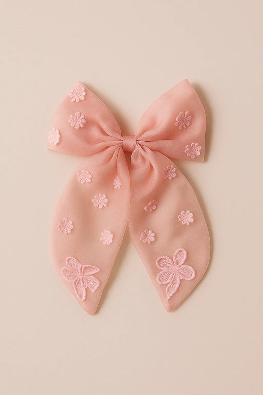 Choko Organza Bow Alligator Hair Clip with Threaded Flower Embellishments for Girls — Pink - Choko