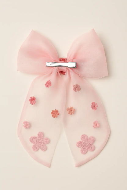 Choko Organza Bow Alligator Hair Clip with Threaded Flower Embellishments for Girls — Pink - Choko