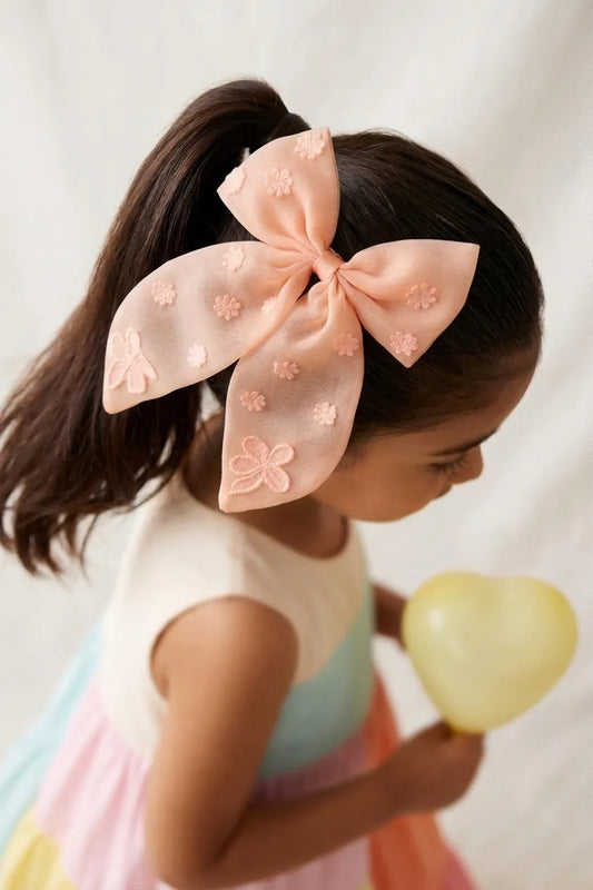 Choko Organza Bow Alligator Hair Clip with Threaded Flower Embellishments for Girls — Pink - Choko