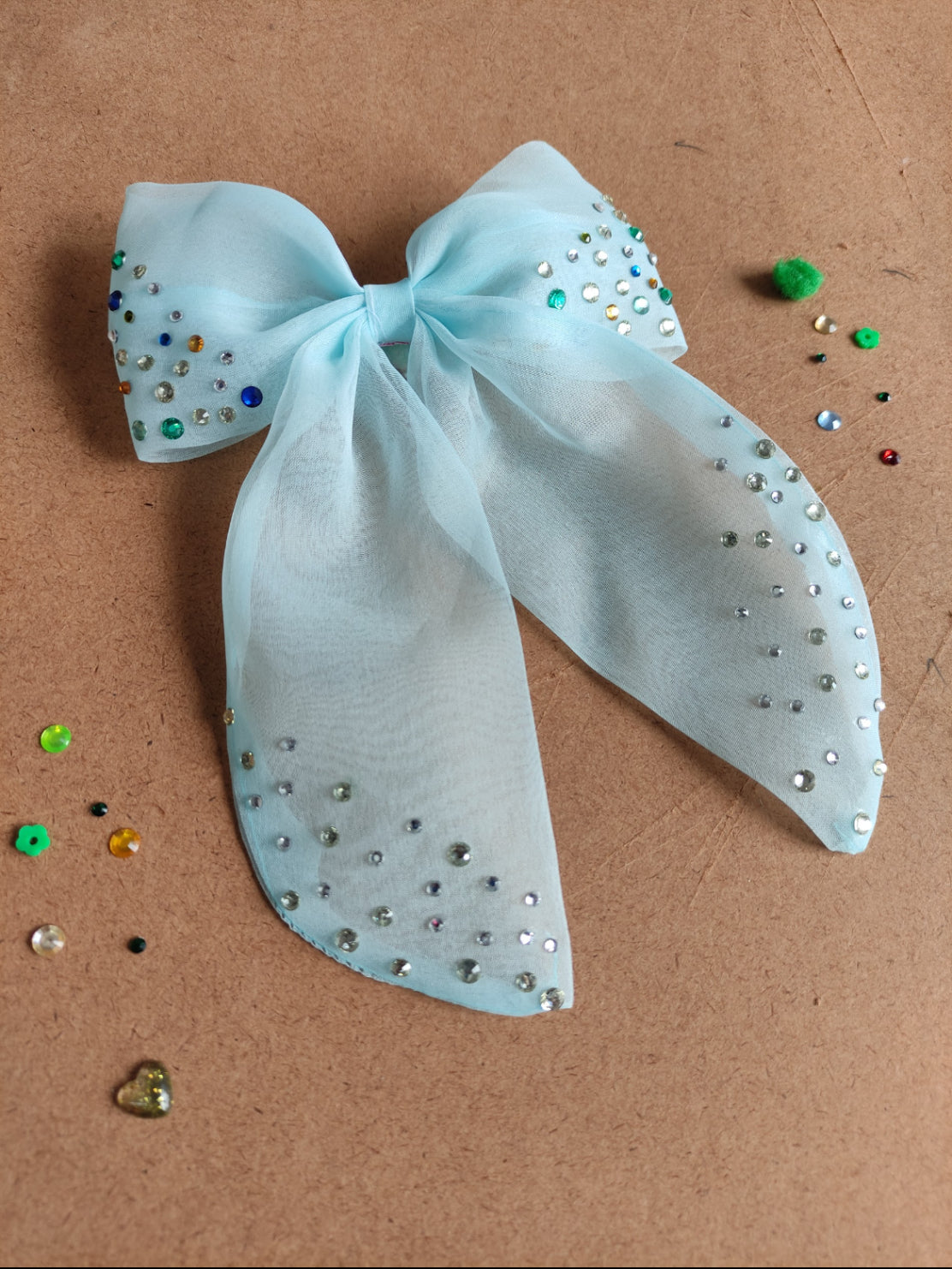 Choko Organza Bow Hair Clip with Crystal Stone Embellishments Blue, White, Yellow for Girls - Choko