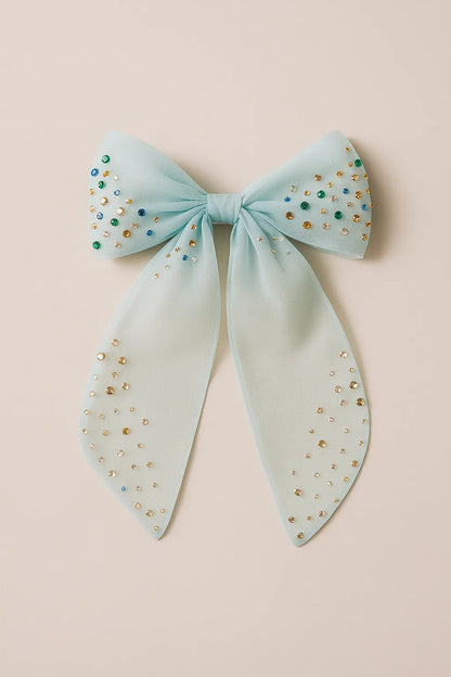 Choko Organza Bow Hair Clip with Crystal Stone Embellishments Blue, White, Yellow for Girls - Choko