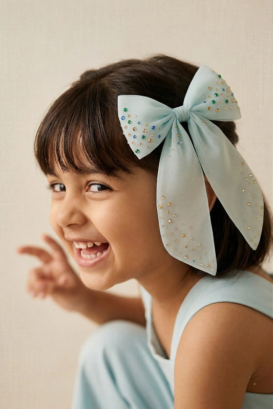 Choko Organza Bow Hair Clip with Crystal Stone Embellishments Blue, White, Yellow for Girls - Choko