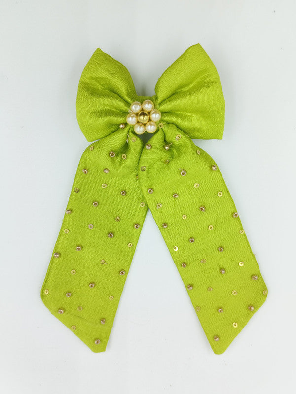 Choko Beads Embellished Floral Bowie Hair Clip for Girls - Olive Green