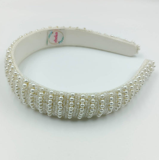 Choko Beads and Pearls Accent Broad Hairband for Girls - Off White
