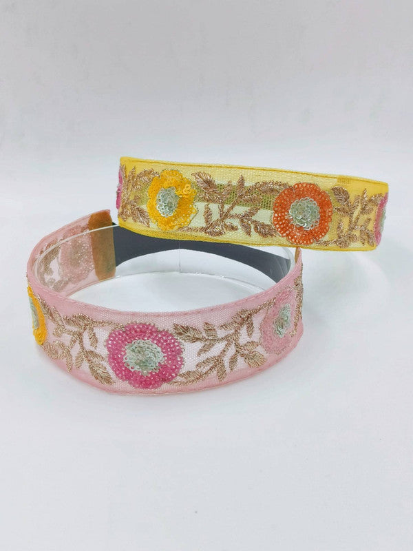 Choko Floral Embroidered Headband Set for Babies & Girls - Pink & Yellow - Kids' Hair Accessory - Choko