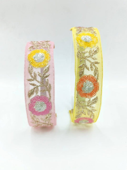 Choko Floral Embroidered Headband Set for Babies & Girls - Pink & Yellow - Kids' Hair Accessory