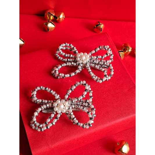 Choko Kids' Hair Clips - Silver Pearl & Crystal Bow Accessories (Set of 2)