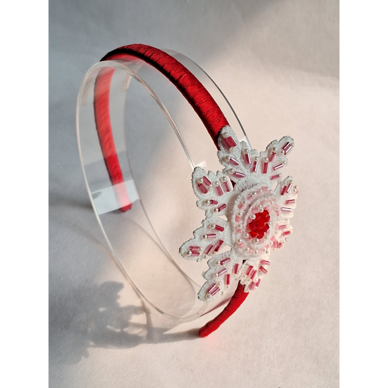 Snowflake Hairband for Girls – Red Velvet & White Bead Embellishment