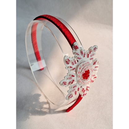 Snowflake Hairband for Girls – Red Velvet & White Bead Embellishment