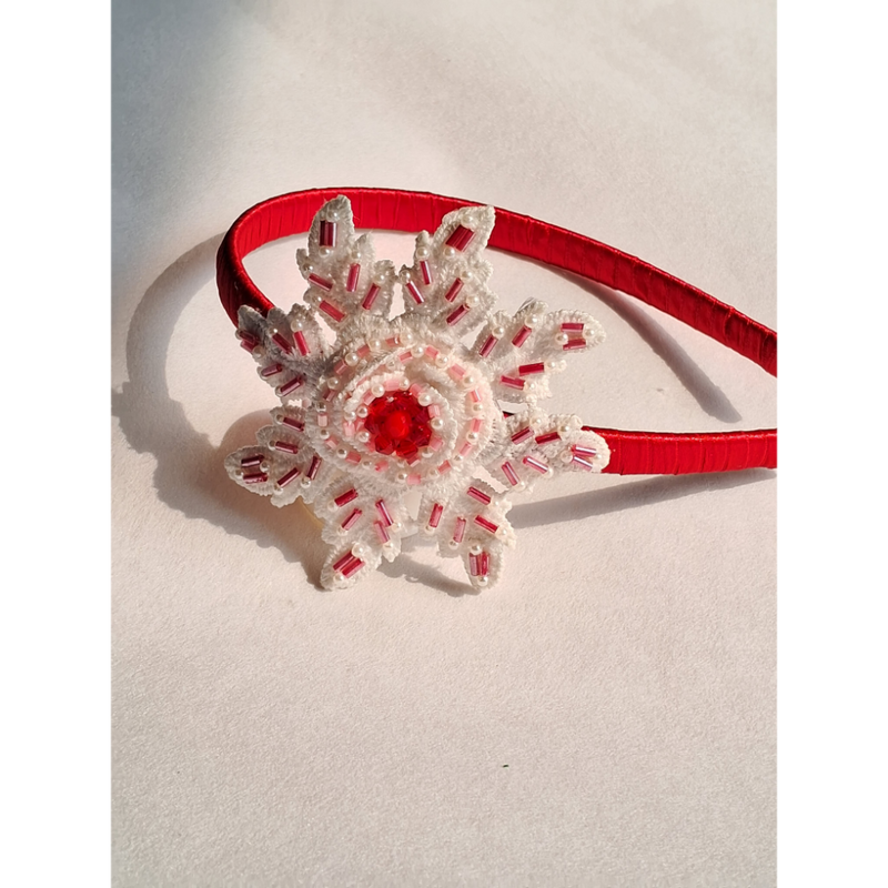 Snowflake Hairband for Girls – Red Velvet & White Bead Embellishment