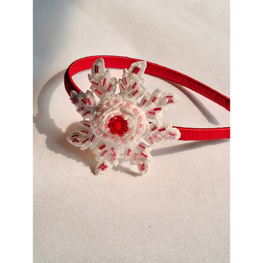 Snowflake Hairband for Girls – Red Velvet & White Bead Embellishment
