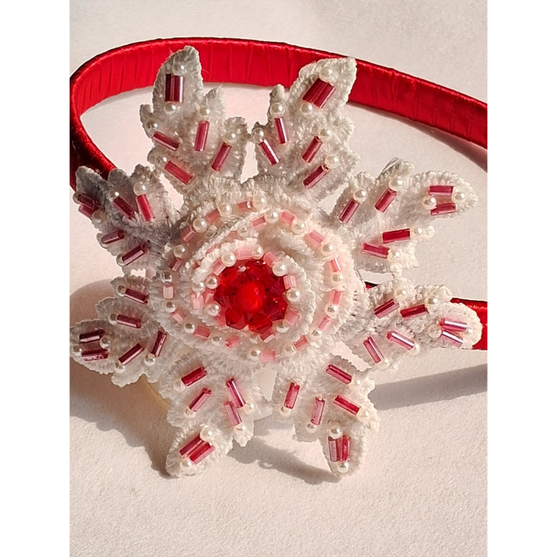 Snowflake Hairband for Girls – Red Velvet & White Bead Embellishment
