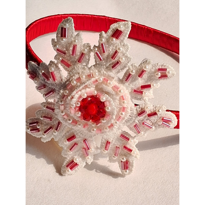 Snowflake Hairband for Girls – Red Velvet & White Bead Embellishment