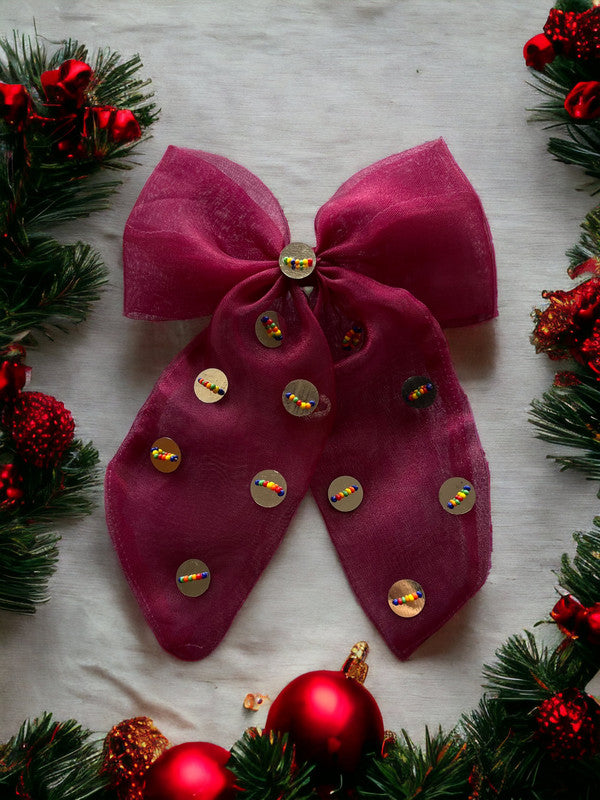 Choko Santa's Xmas Organza Bow Hair Clip for Girls - Maroon, Silver