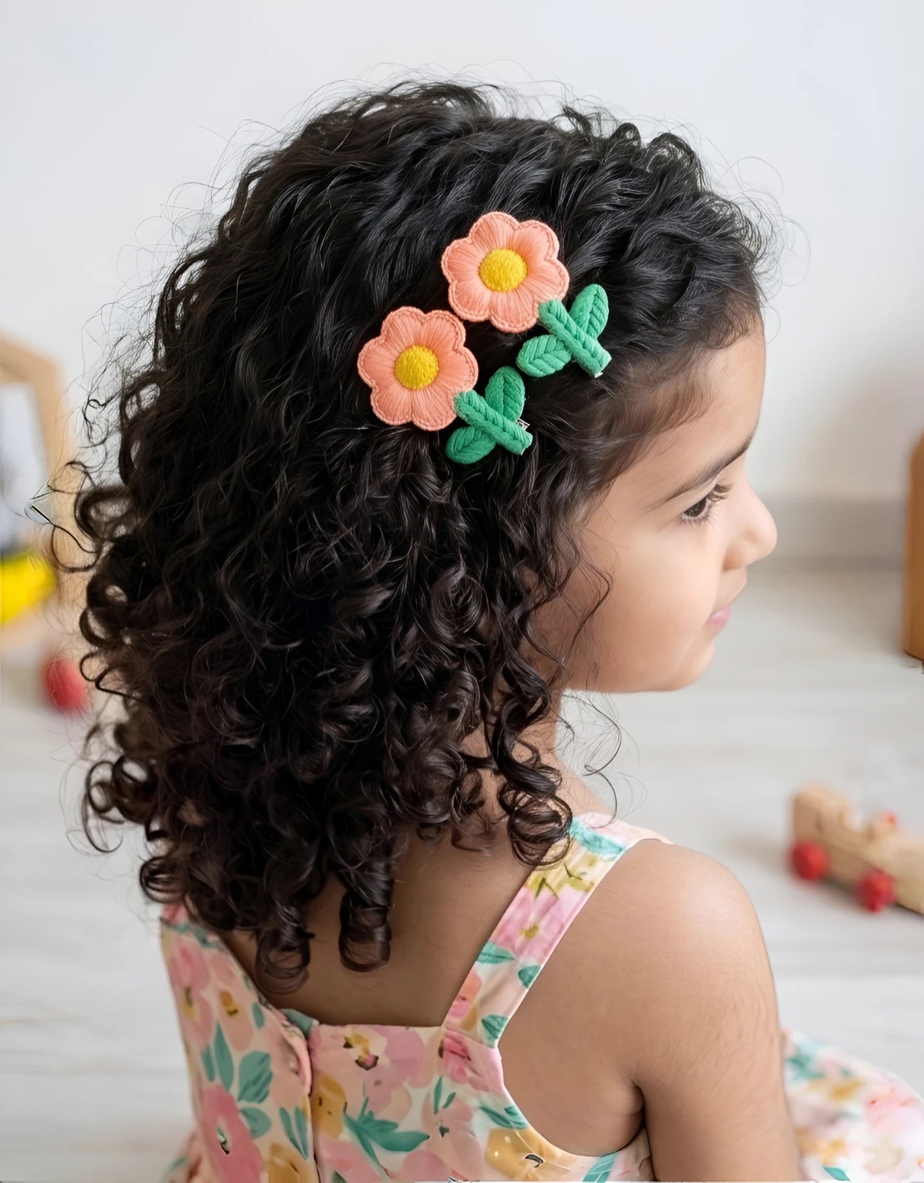 Choko Floral Accent Hairclip for Girls - Peach, Green - Choko