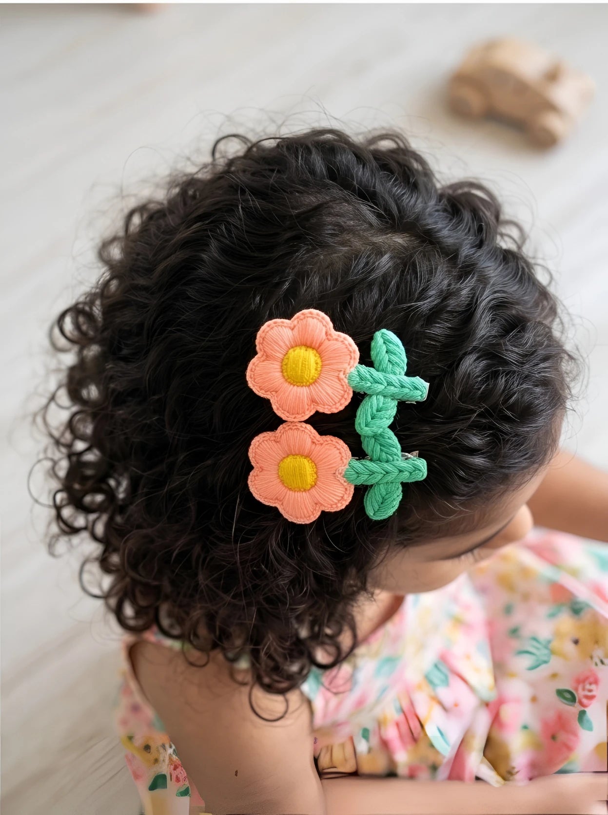 Choko Floral Accent Hairclip for Girls - Peach, Green - Choko