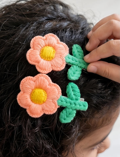 Choko Floral Accent Hairclip for Girls - Peach, Green - Choko