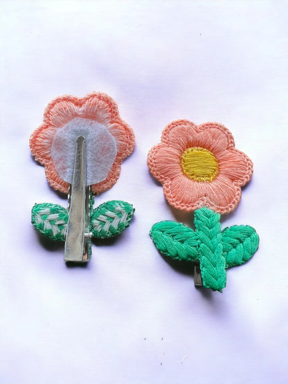 Choko Floral Accent Hairclip for Girls - Peach, Green - Choko