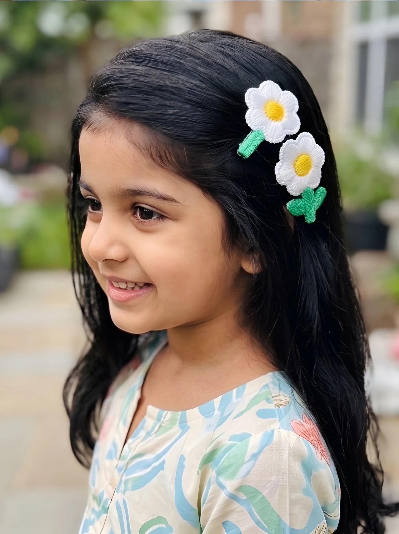 Choko Floral Accent Hairclip for Girls - White, Green, Yellow - Choko