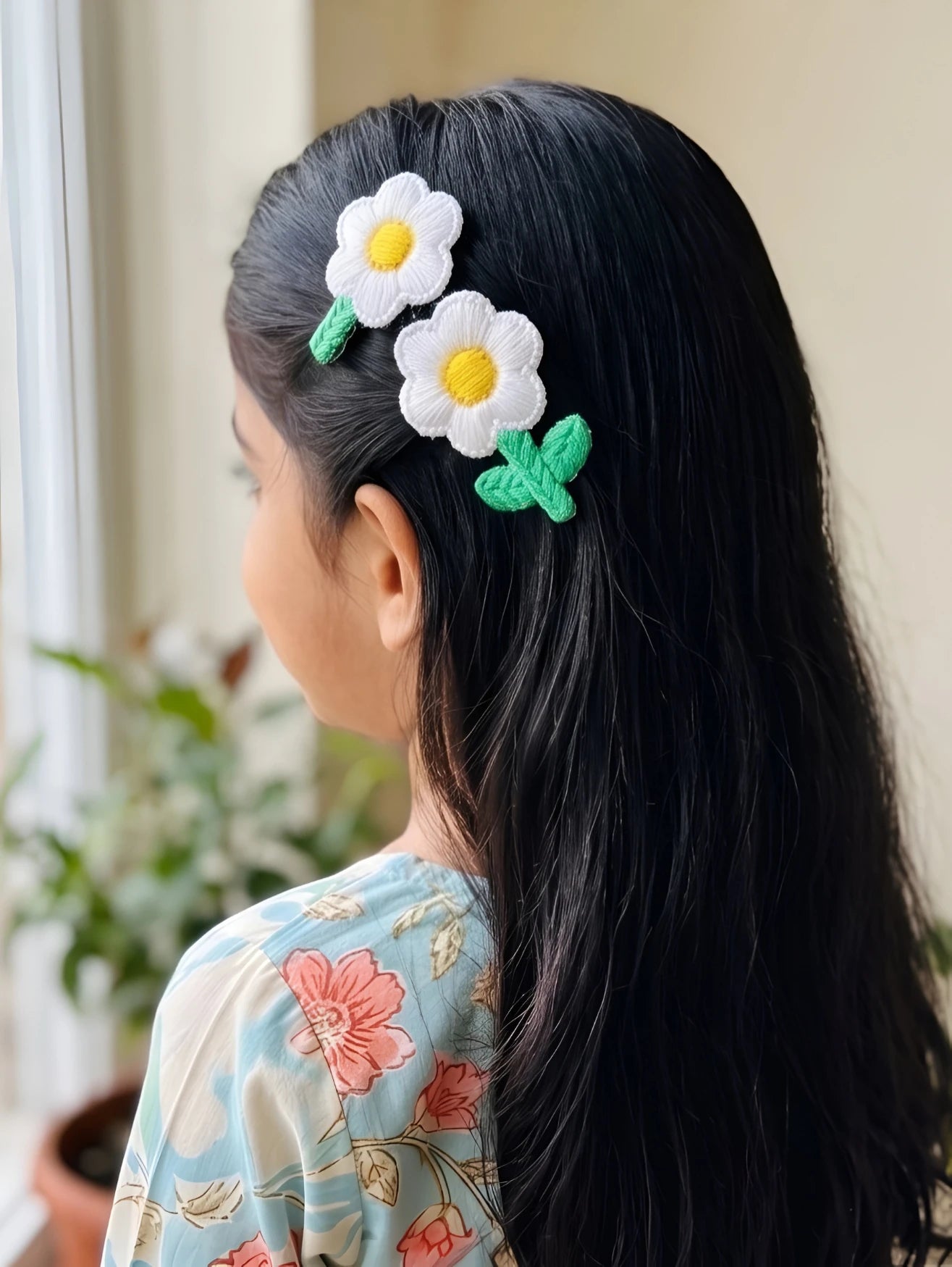 Choko Floral Accent Hairclip for Girls - White, Green, Yellow - Choko