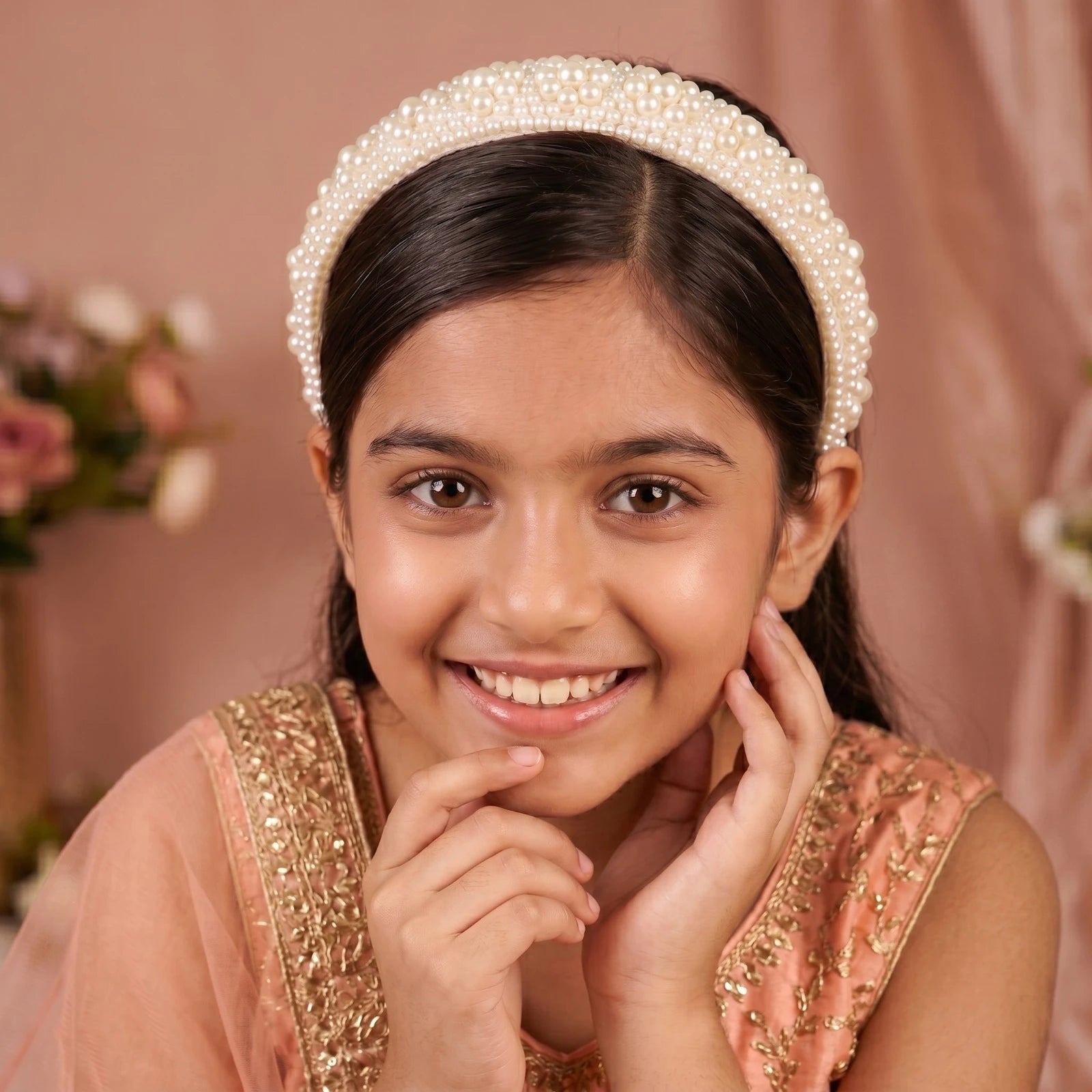 Choko Beads and Pearls Accent Broad Hairband for Girls - Off White - Choko