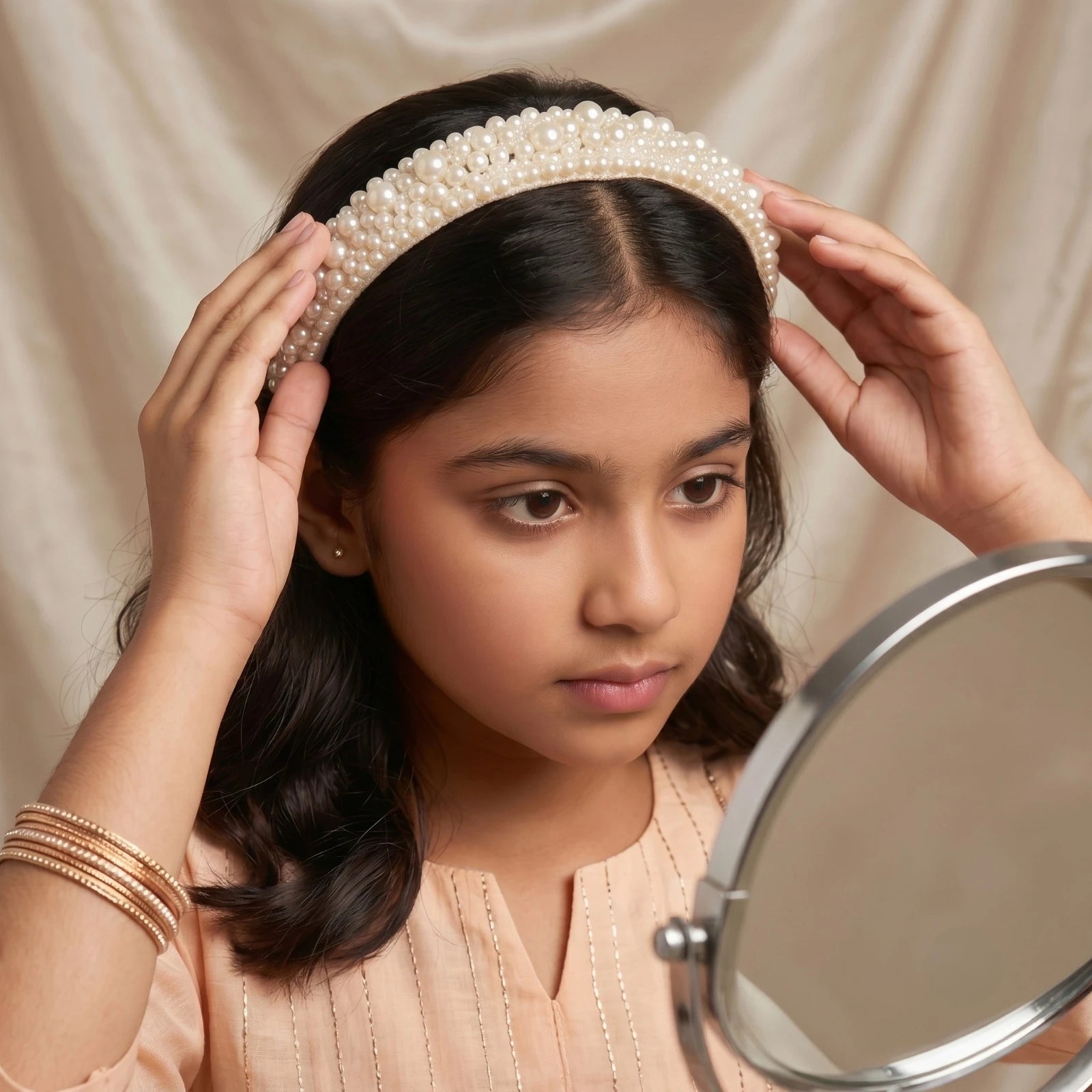 Choko Beads and Pearls Accent Broad Hairband for Girls - Off White - Choko