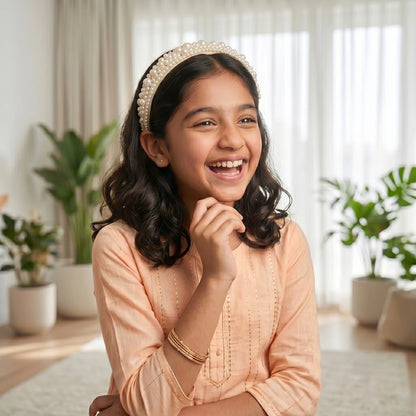 Choko Beads and Pearls Accent Broad Hairband for Girls - Off White - Choko