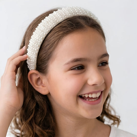 Choko Beads and Pearls Accent Broad Hairband for Girls - Off White - Choko