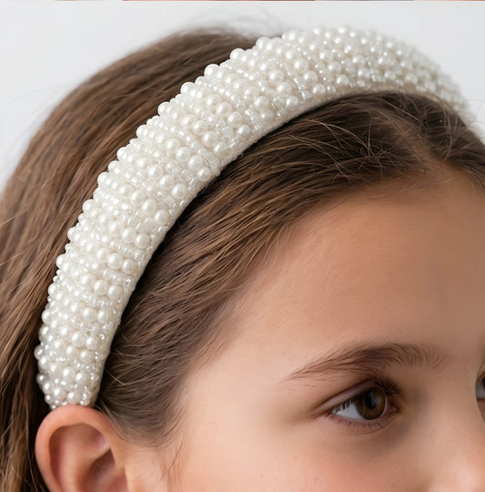 Choko Beads and Pearls Accent Broad Hairband for Girls - Off White - Choko