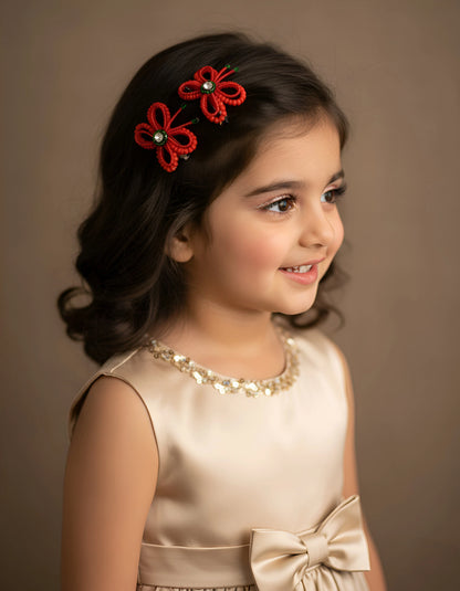 Choko Red Beaded Butterfly Hair Clip Festive Flair with Green Gems for Girls - Choko
