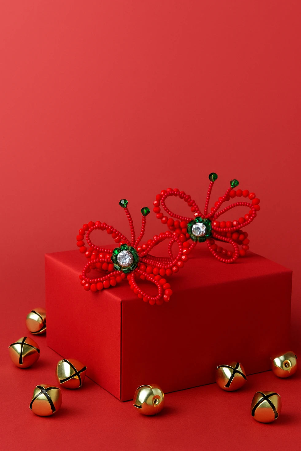 Choko Red Beaded Butterfly Hair Clip Festive Flair with Green Gems for Girls - Choko