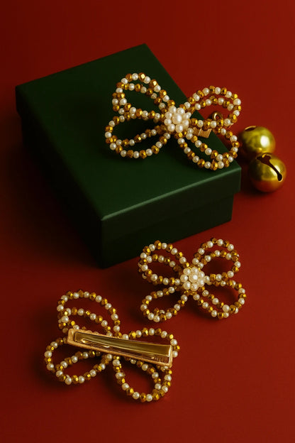 Choko Santa's Xmas Butterfly Beaded Hairclip- Gold, Off White for Girls - Choko