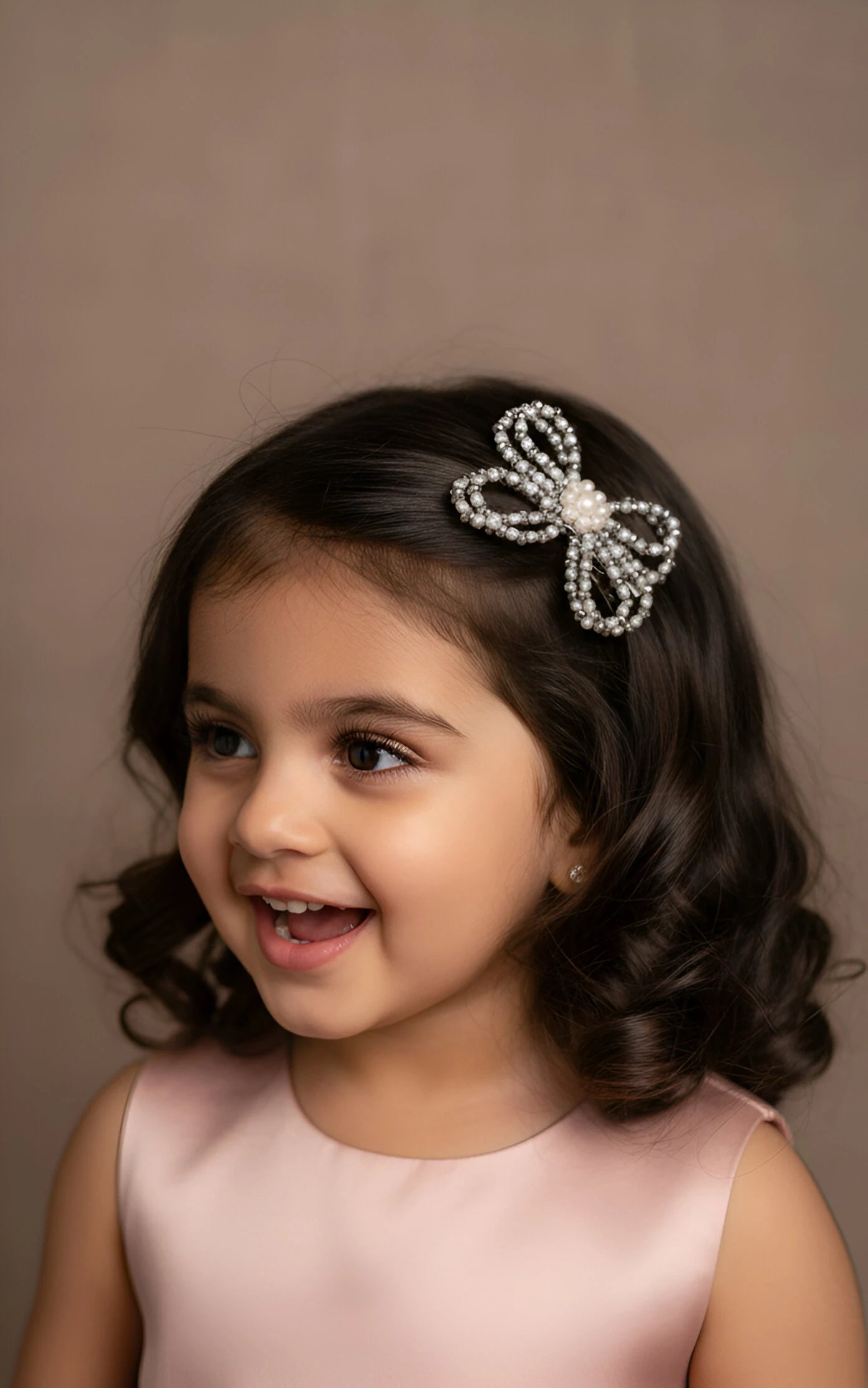 Choko Kids' Hair Clips - Silver Pearl & Crystal Bow Accessories (Set of 2)