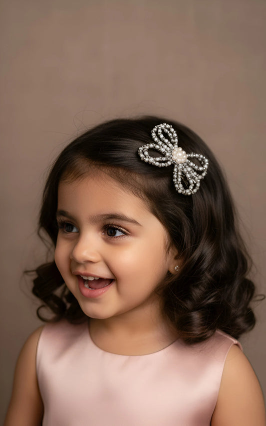 Choko Kids' Hair Clips - Silver Pearl & Crystal Bow Accessories (Set of 2) - Choko