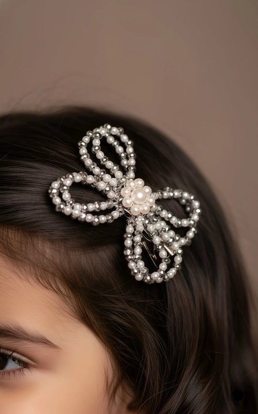 Choko Kids' Hair Clips - Silver Pearl & Crystal Bow Accessories (Set of 2) - Choko