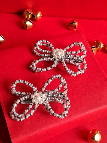 Choko Kids' Hair Clips - Silver Pearl & Crystal Bow Accessories (Set of 2)