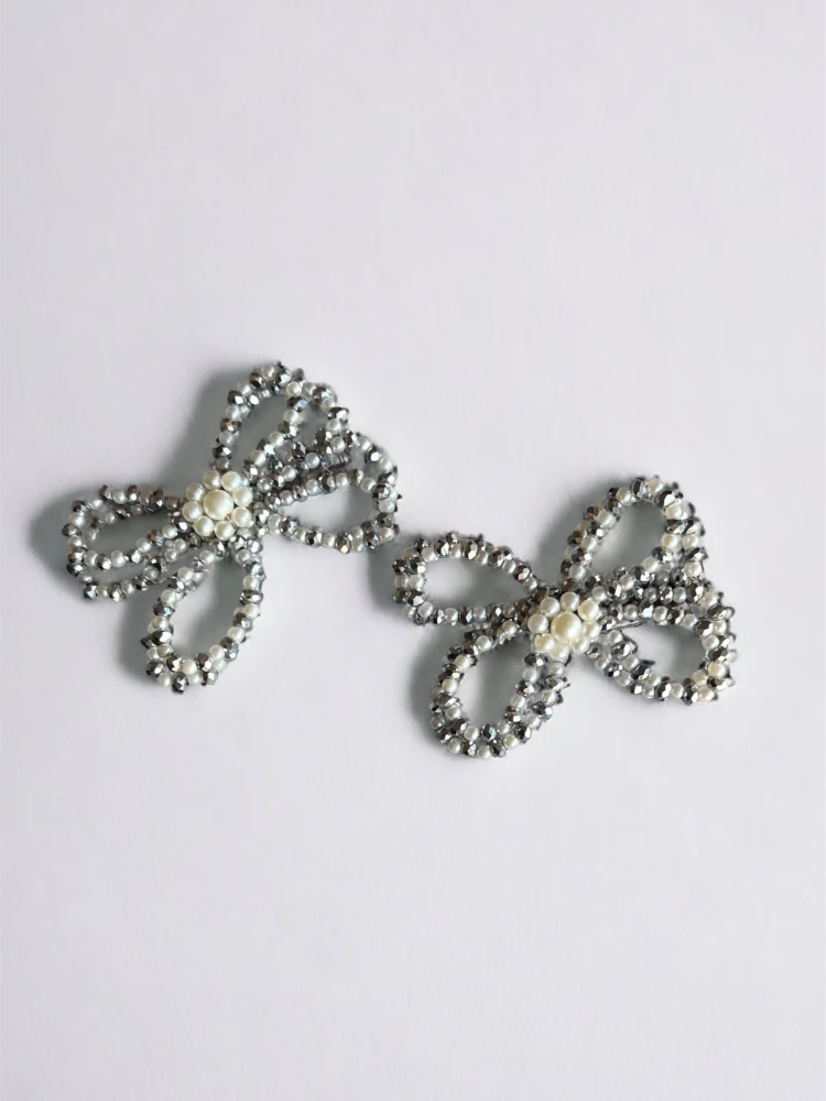 Choko Kids' Hair Clips - Silver Pearl & Crystal Bow Accessories (Set of 2)