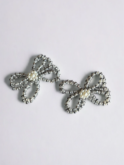 Choko Kids' Hair Clips - Silver Pearl & Crystal Bow Accessories (Set of 2)