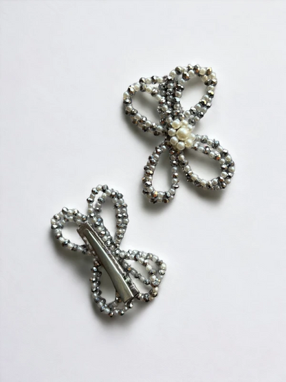 Choko Kids' Hair Clips - Silver Pearl & Crystal Bow Accessories (Set of 2)