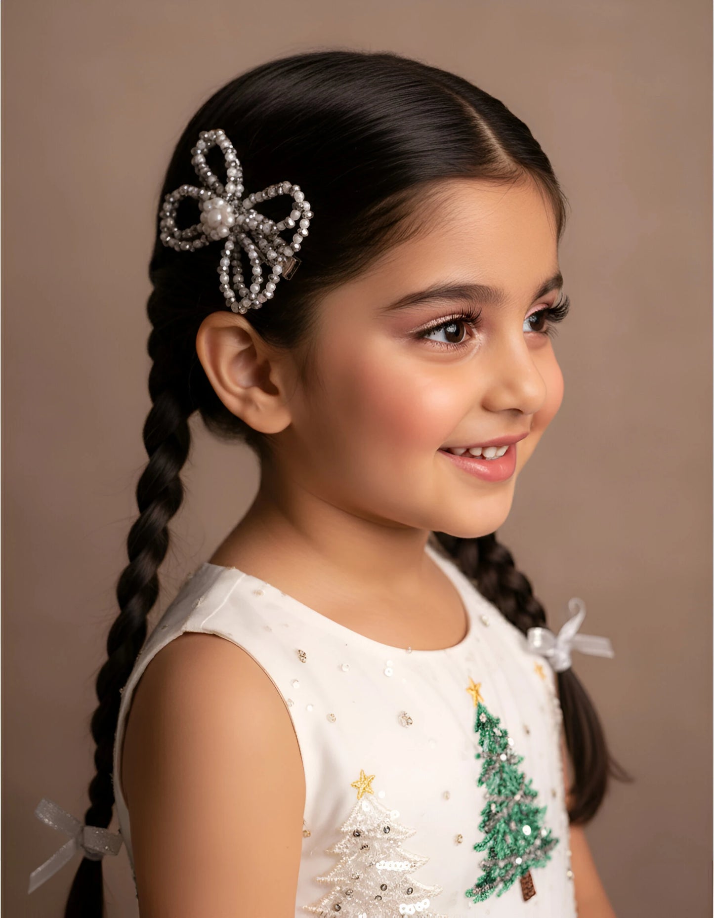 Choko Kids' Hair Clips - Silver Pearl & Crystal Bow Accessories (Set of 2)