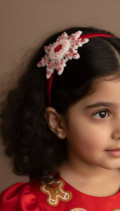 Choko Snowflake Hairband Red Velvet & White Bead Embellishment for Girls - Choko