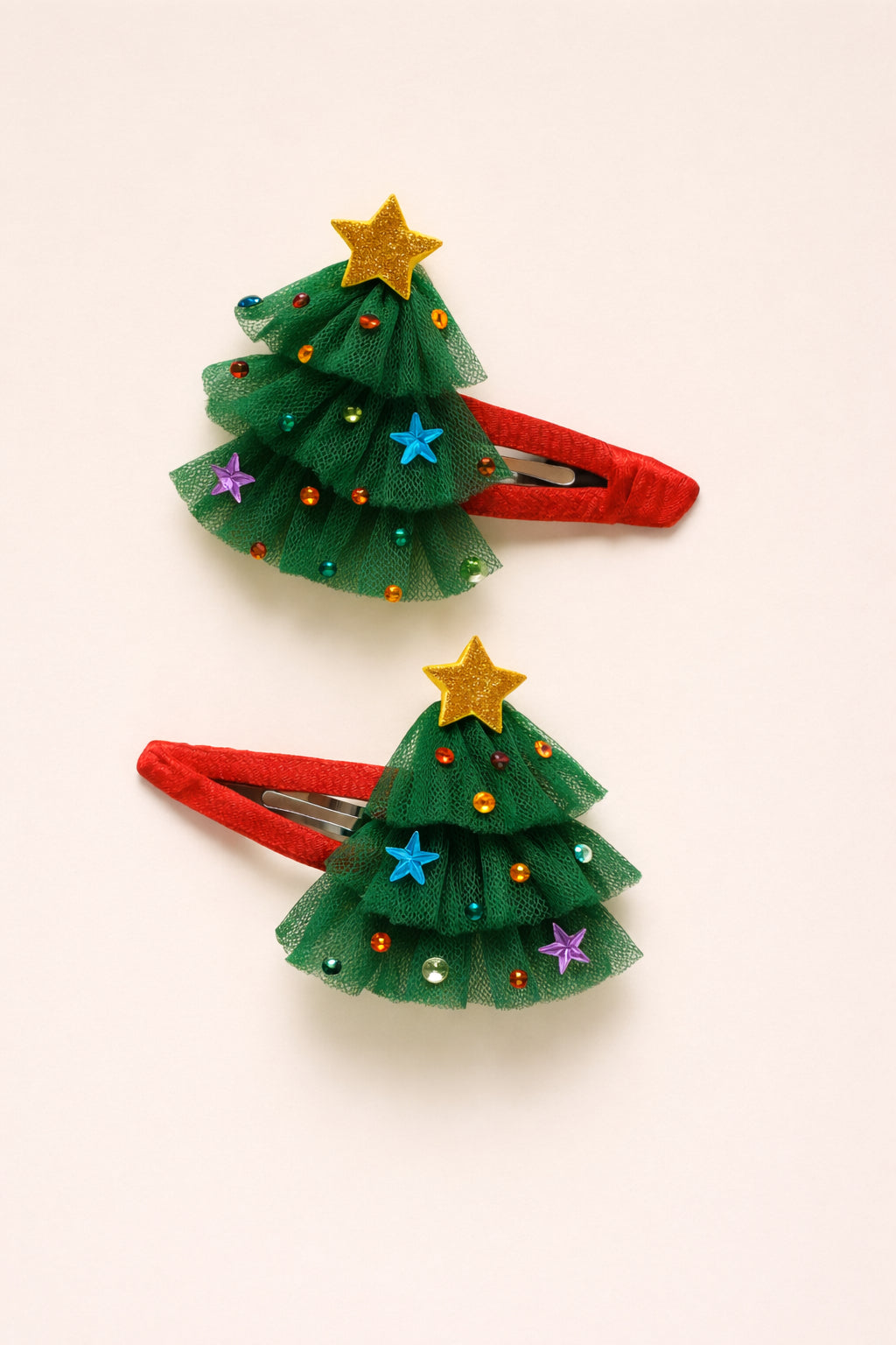 Choko Pair of Xmas Tree Hair Clips in Green & Santa Red, Christmas Kids Hair Accessory for Girls
