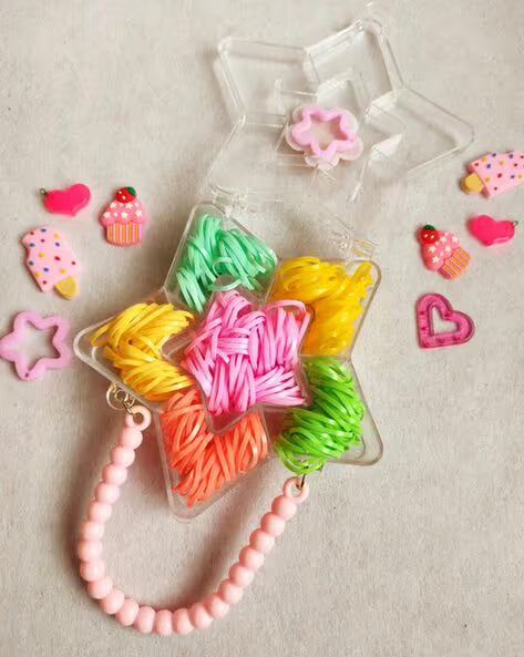 Choko Set of Colourful Rubberband Hair Ties in a Star Shaped Box Purse for Girls - Peach, Pink, Lemon Yellow