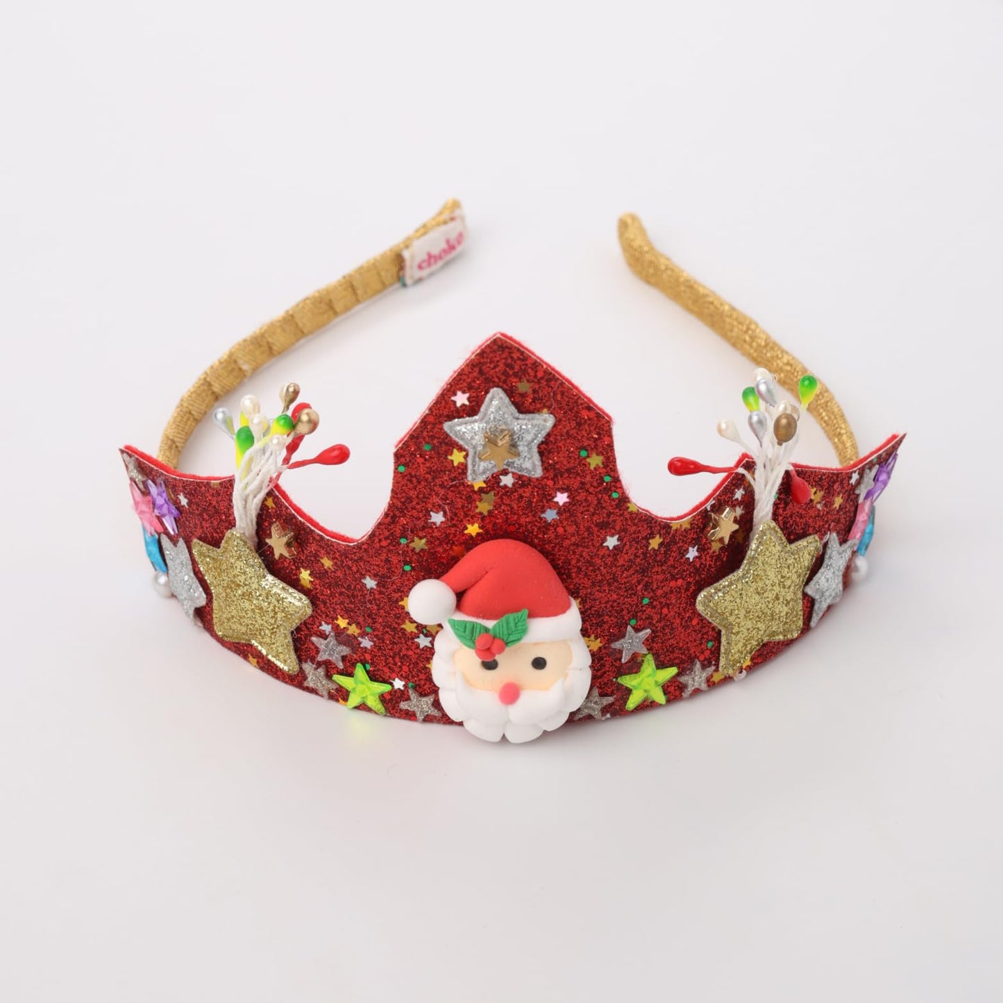 Choko Christmas Crown Hair Band for Girls - Tiara with Santa, Stars & Glitter, Kids Hair Accessory - Red, Gold, White