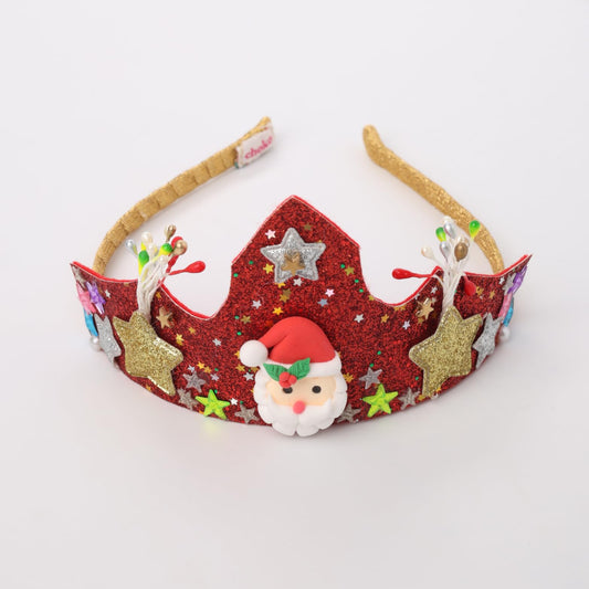 Choko Christmas Crown Hair Band for Girls - Tiara with Santa, Stars & Glitter, Kids Hair Accessory - Red, Gold, White