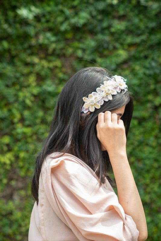 Pastel Floral Lace Hairband for Girls & Kids - Lemon & Crepe with Pearls Choko