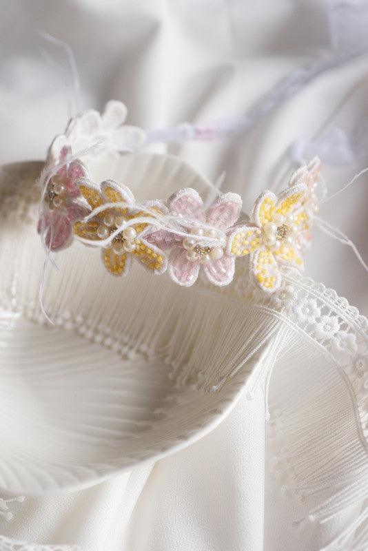Pastel Floral Lace Hairband for Girls & Kids – Lemon & Crepe with Pearls Choko