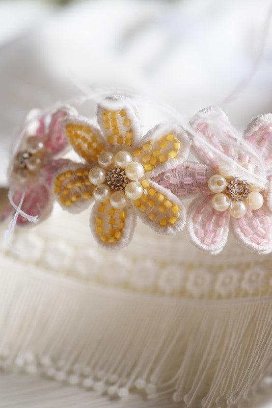 Pastel Floral Lace Hairband for Girls & Kids – Lemon & Crepe with Pearls Choko