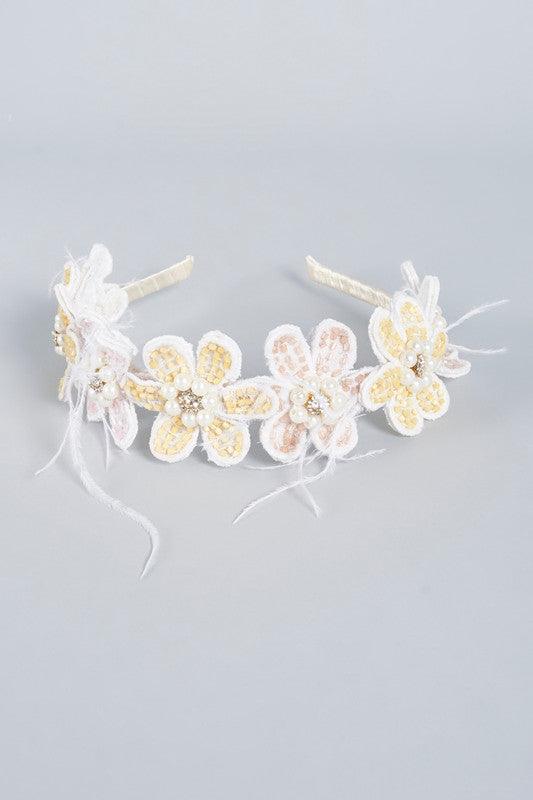 Pastel Floral Lace Hairband for Girls & Kids – Lemon & Crepe with Pearls Choko