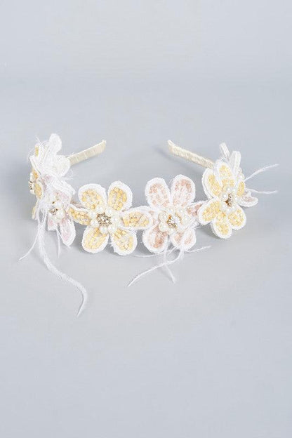 Pastel Floral Lace Hairband for Girls & Kids – Lemon & Crepe with Pearls Choko